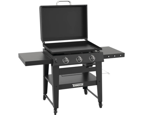 Barbecue à gaz noir avec trois brûleurs, couvercle et surfaces de rangement sur les côtés