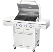 Chariot de grill en acier inoxydable avec couvercle ouvert et quatre brûleurs
