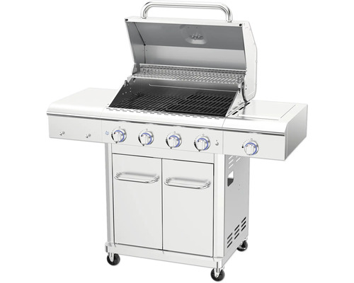 Chariot de grill en acier inoxydable avec couvercle ouvert et quatre brûleurs