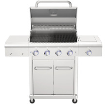 Barbecue à gaz ouvert avec quatre brûleurs, surfaces de rangement et placard inférieur