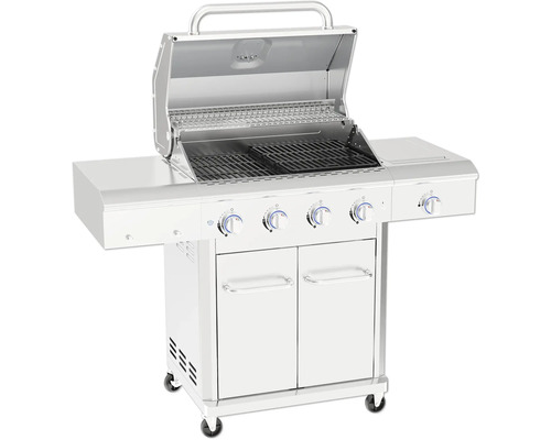 Chariot de barbecue avec couvercle ouvert et éléments de commande
