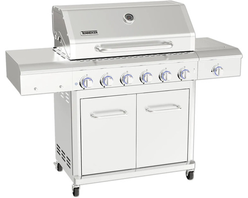 Gasgrill TENNEKER Silverstar TG-6 mit 6 Brenner + Infrarot-Seitenbrenner, gusseiserner Grillrost, rostfreie Edelstahl-Konstruktion Edelstahl-Gasgrill mit sechs Brennern und Unterschrank