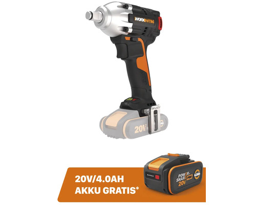 Visseuse à choc sans fil WORX Nitro 20V 300Nm WX272.9, moteur Brushless + GRATUIT Batterie 20V WA3644 (4,0Ah)