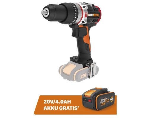 Perceuse-visseuse à percussion sans fil WORX Nitro 20V Slammerdrill 60Nm WX354.9, moteur Brushless + GRATUIT Batterie 20V WA3644 (4,0Ah)