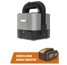 Worx Logo. Nass-Trockensauger mit flexiblem Schlauch und Akku
