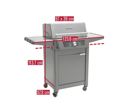 Barbecue à gaz Char-Broil avec des dimensions de 57,9 x 123,6 x 113,7 x 57 x 39 centimètres