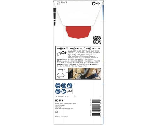 Informations sur l''emballage des accessoires d''outils Bosch, y compris la compatibilité Starlock et les dimensions du produit.