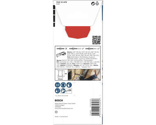 Emballage d''une fixation de lame de scie sauteuse Bosch avec des informations sur la compatibilité et les dimensions.
