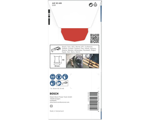 Emballage d''une lame de scie Bosch AIZ 32 AIB BIM avec indications de taille, exemples d''application et logos de différentes marques d''outils