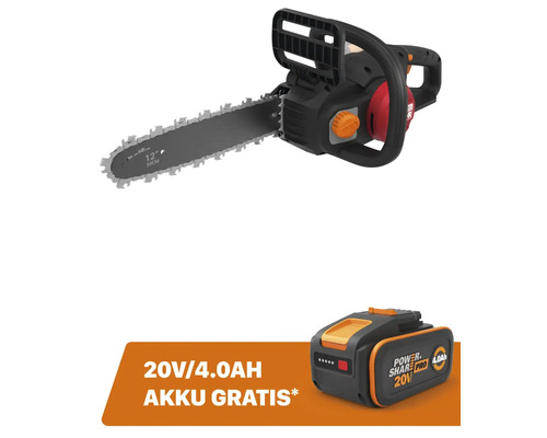 Tronçonneuse à chaîne sans fil WORX Nitro 20V 30cm WG350E.9, moteur Brushless + GRATUIT Batterie 20V WA3644 (4,0Ah)