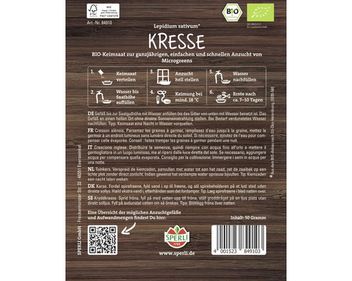Sachet de graines de cresson alénois avec instructions de culture