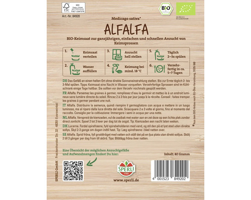 Alfalfa, graines germées pour la culture de jeunes pousses