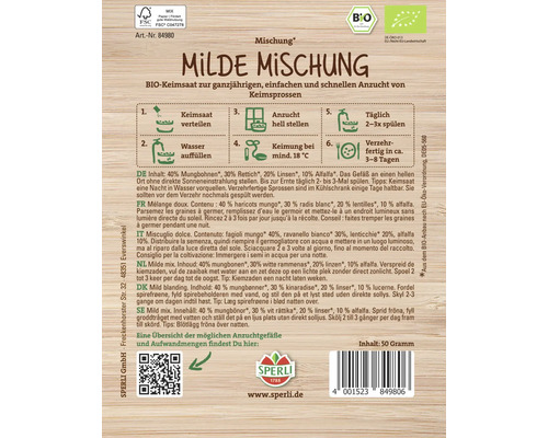 Sperli Milde Mischung BIO graines germées Emballage avec instructions