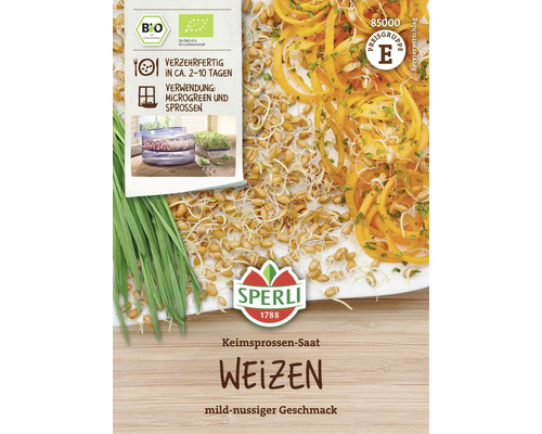 Semences germées de blé Sperli avec label bio et suggestion de présentation