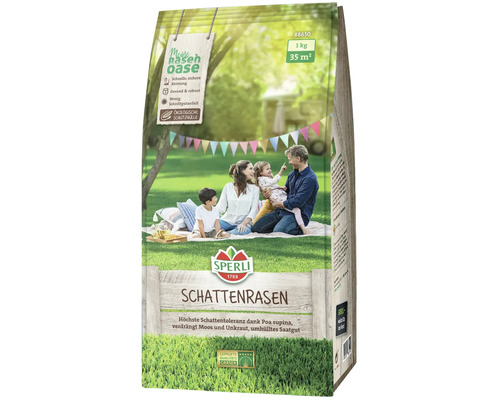 Gazon zone ombragée Sperli semis de couverture 1 kg 35 m² Paquet de graines de gazon d''ombre de Sperli avec une famille dans le jardin