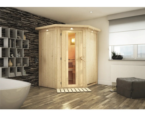 Plug & Play Sauna Karibu Achat II ohne Ofen mit Dachkranz und Holztüre mit Isolierglas wärmegedämmt