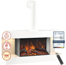 Cheminée électrique avec fonction de chauffage, puissance de 2000 watts, télécommande, label de contrôle et logo Kaminio