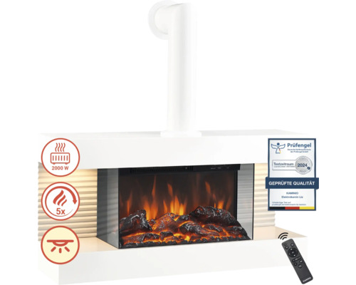 Cheminée électrique avec fonction de chauffage, puissance de 2000 watts, télécommande, label de contrôle et logo Kaminio