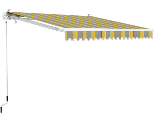 Store banne à bras articulé 4x3 tissu jaune/gris avec effet lotus piètement RAL 9006 blanc aluminium Store banne à bras articulé 4x3 tissu jaune/gris avec effet lotus piètement RAL 9006 blanc aluminium