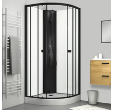 Eckdusche mit schwarzem Rahmen und Duschsäule im Badezimmer