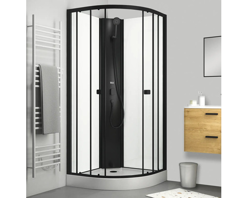 Eckdusche mit schwarzem Rahmen und Duschsäule im Badezimmer