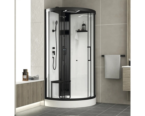 Schwarze Eckdusche mit Duschsäule und Sitzgelegenheit im Badezimmer.