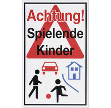 Warnschild Achtung spielende Kinder, Verkehrsschild mit Symbolen für Kinder, Auto und Haus