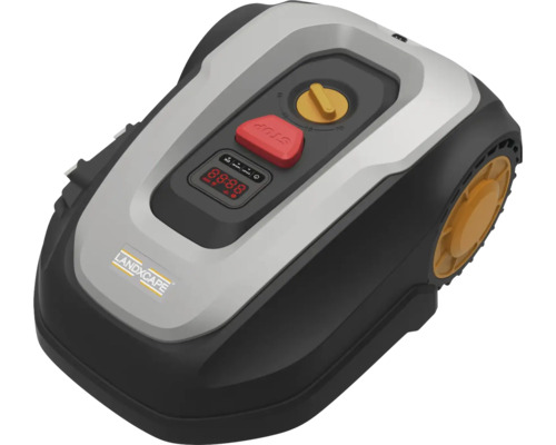 Landxscape Mähroboter mit Digitaldisplay und gelben Akzenten