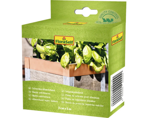 Schneckenabwehr FloraSelf Schnecken-Abwehrband Kupfer 3 cm x 500 cm FloraSelf Schneckenabwehrband Verpackung mit Pflanzgefäß-Abbildung