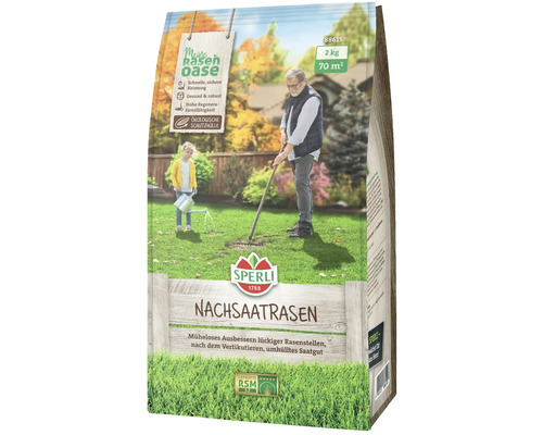 Rasensamen Nachsaat RSM 3.2 (umhüllt) Sperli 2 kg 70 m² Sperli Nachsaatrasen Packung mit Person und Kind auf der Abbildung