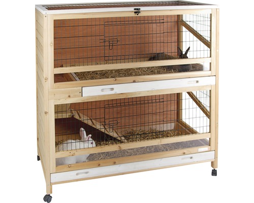Cage pour petits animaux Indoor Deluxe 115 x 60 x 118 cm Cage à lapin à deux étages en bois avec deux lapins