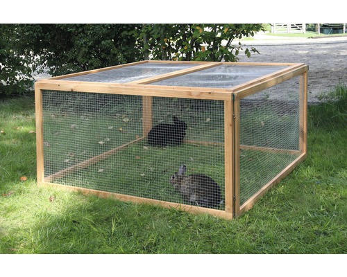 Freigehege Vario mit Maschendraht 6 Elemente 120 x 120 x 59 cm Freilaufgehege aus Holz mit Drahtgitter und zwei Kaninchen
