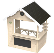 Cabane de jeu en bois avec comptoir, tableau noir et étagères pour enfants