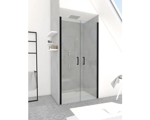 Cabine de douche avec jets de massage et cadre noir dans la salle de bain.