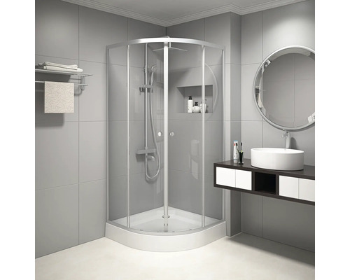 Douche quart de cercle avec porte coulissante Aurlane Chrystal Round 90 x 90 x 200 cm profilé chrome verre transparent