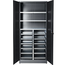 Armoire à outils ouverte avec étagères et tiroirs