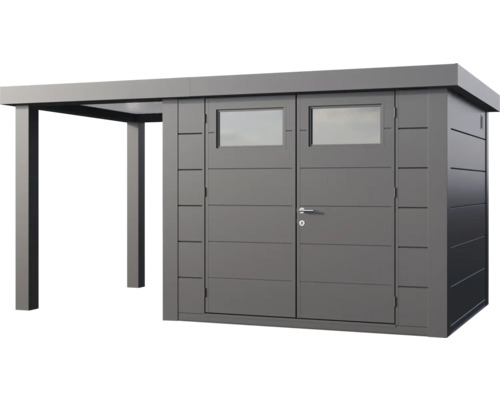 Grauer Geräteschuppen mit Vordach und Doppeltür