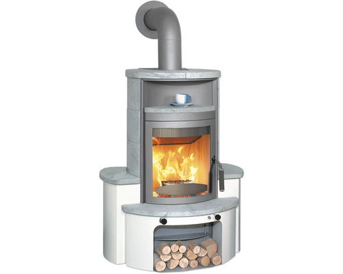 Foyer à bois Hark Avenso GT ECOplus habillage gris en pierre naturelle 6 kW Poêle à bois avec feu de bois et étagère
