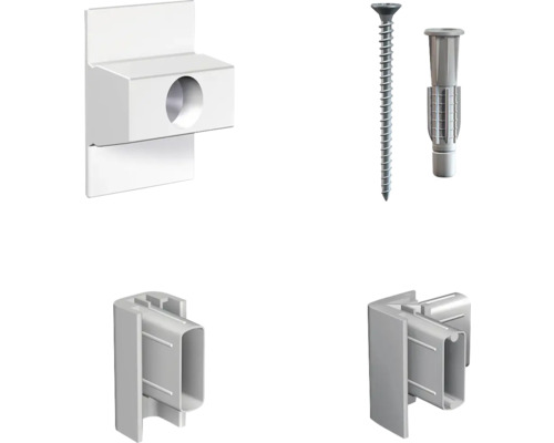 Befestigungsmaterial für Sockelleisten, bestehend aus Montageclips, Schrauben und Dübeln