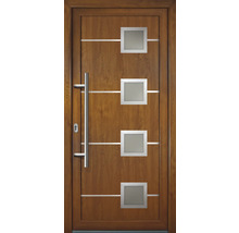 Haustür mit vier quadratischen Glaseinsätzen und Edelstahlgriff
