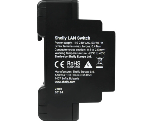 Shelly LAN Schalter Informationen zu Stromversorgung, Drehmoment, Leiterquerschnitt, Betriebstemperatur, Herstelleradresse, CE-Zeichen und Konformität