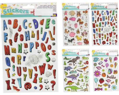 Diverses planches d''autocollants avec des motifs tels que des lettres, des animaux et des dinosaures.