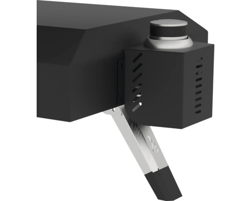 Vue détaillée d''un four à pizza noir avec bouton de réglage argenté et pied de support.