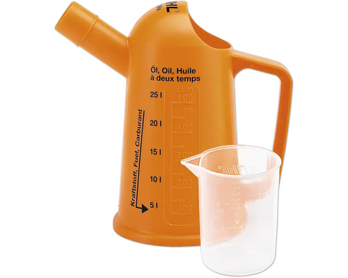 Oranger Messbecher mit Griff und Skala sowie ein Messbecher
