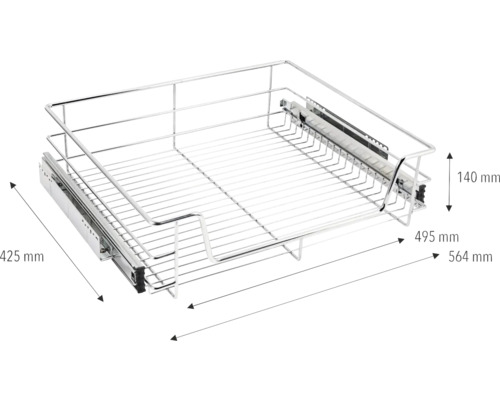 Drahtkorb mit Teleskopschienen und Maßangaben