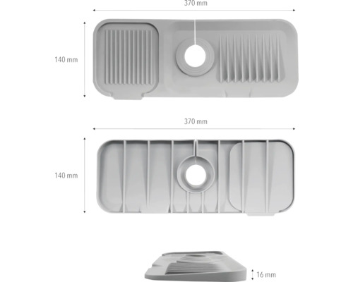 Image d''un égouttoir mesurant 370 mm par 140 mm et d''une hauteur de 16 mm.