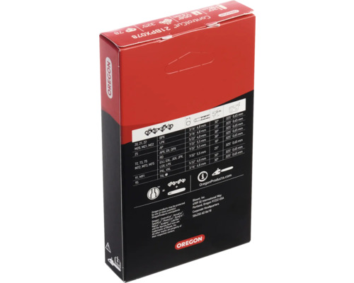 Emballage d''une chaîne de tronçonneuse Oregon avec détails techniques et logo Oregon