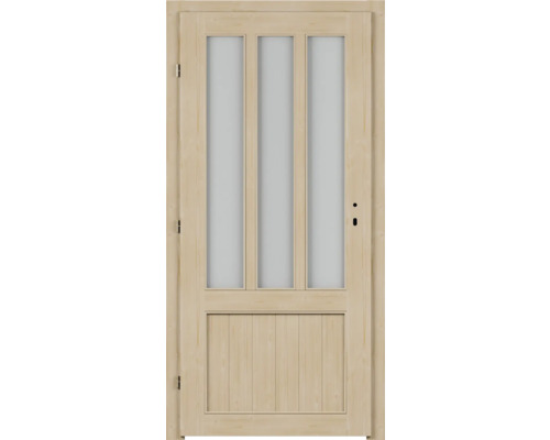 Porte en bois avec trois panneaux de verre dans la partie supérieure et des panneaux de bois verticaux dans la partie inférieure