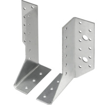 Zwei Winkelverbinder aus Metall mit Löchern für Schrauben zur Holzkonstruktion
