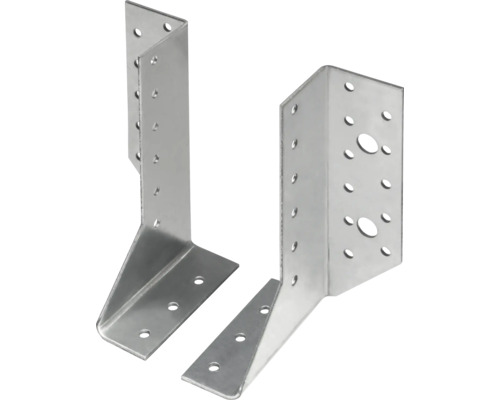 Zwei Winkelverbinder aus Metall mit Löchern für Schrauben zur Holzkonstruktion